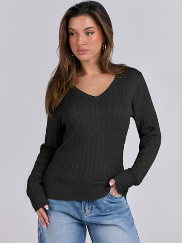 Image of ANRABESS Women's Cable Knit V Neck Fitted Sweaters