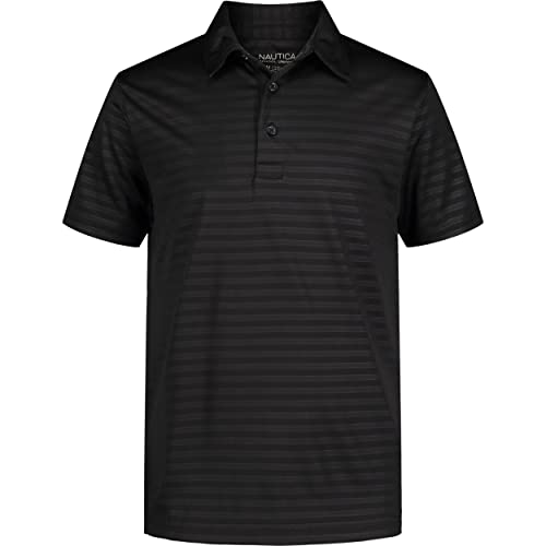 Nautica Boys' Active Short Sleeve Polo Shirt, Button Closure & Embossed Stripes, Breathable Performance Fabric, Black, 10-12 Husky