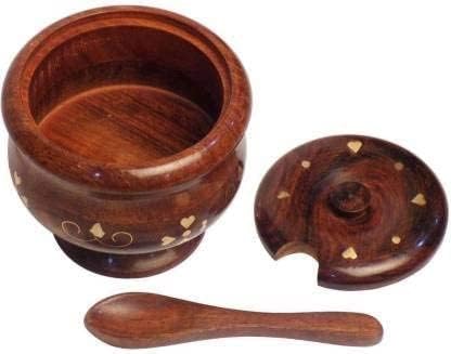 ZIF Wooden Sugar Pot, Salt Pot, Spice Pot, Pickle Jar, Jam Jar Masala Box & Multi use Pot, Jar, Containers & Bowl with Spoon, with lid Decorative Cute Bowl Set of 2