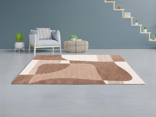 Vente-unique-Alfombra Shaggy con Dibujos Abstractos - 160 x 230 cm - Blanco y Marrón - RUMINIA