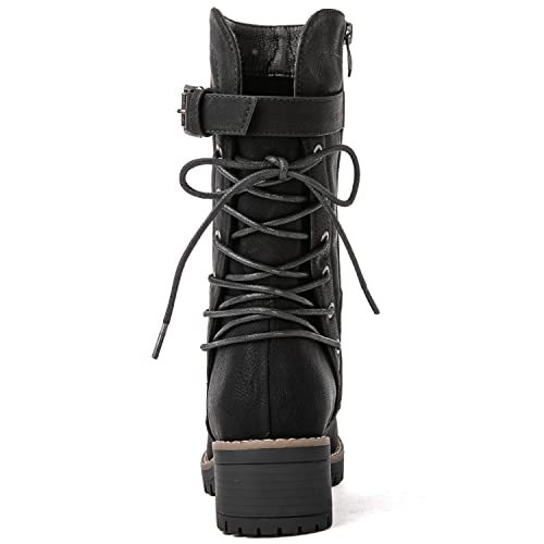 Image of GLOBALWIN Women's Biker Boots Lace up Back Mid Calf Motorcycle Fashion Festival Boots Combat Riding Military Boots for Women