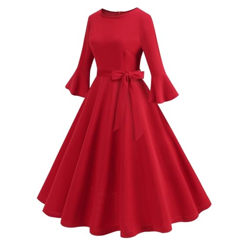 Womens Elegance Audrey Hepburn Style Ruched 3/4 Short Bell Sleeve Casual Swing A-line Dress