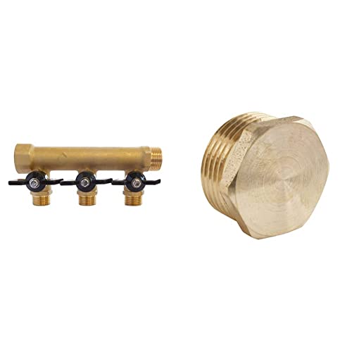 Somatherm For You 3540730010391 Collecteur Laiton avec Mini-vannes intégrées-3 départs 15/21-Entrée Femelle 20/27-Sortie Mâle 20/27, Aucun & Bouchon laiton mâle 20/27