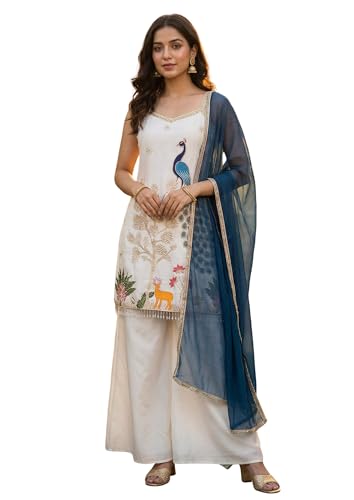 Image of KEDARFAB Women's Chinnon Traditional Motiff Embroidered Kurta Palazzo With Dupatta Set