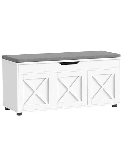 Akxomel Shoe Bench with Lift-Top Storage, 3 Barn Doors Entryway Bench with Removable Cushion, 300lbs Capacity, Farmhouse Hidden Shoe Cabinet Bench, Adjustable Shelf, for Bedroom, Living Room, White