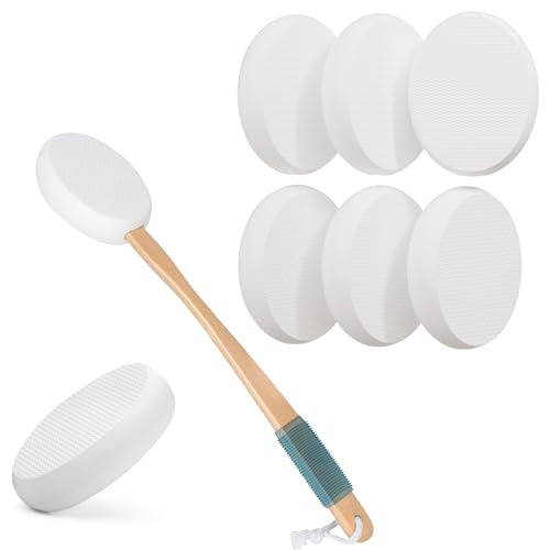 AmazerBath Lotion Applicator for Back and 6 PCS Lotion Applicator Replacement Pads, 2 Replaceable Pads with 1 Long Handled, Back Sunscreen Applicator for Kids, Elderly, Women, White