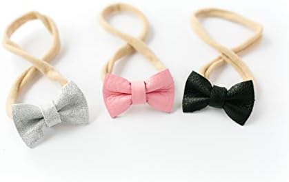 Indie Bow Co Handmade Genuine Leather Micro Mini Bow Headbands Set of 3 in Black, Bubblegum, Silver Sparkle