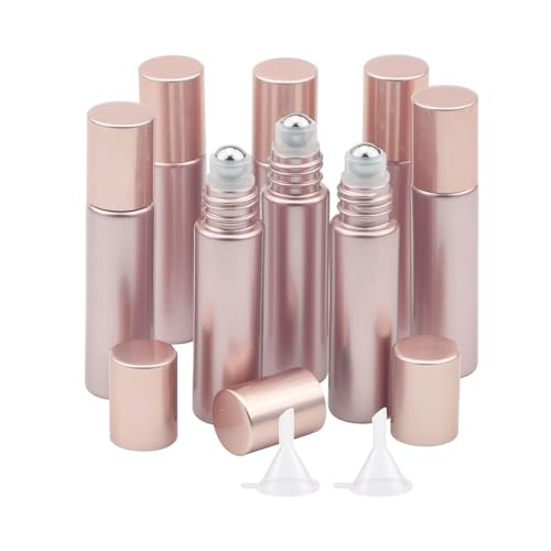 Newzoll 8Pcs 10ml Essential Oil Roller Bottles, 1/3 oz Refillable Roll On Vials with Funnels, Small Glass Containers with Stainless Steel Ball for Perfumes Aromatherapy Liquid, Matte Rose Gold