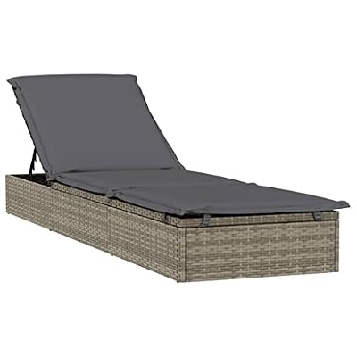 TUERYAFEK Grey Poly Rattan Sunbed with Cushion, Large Outdoor Sunbed with Adjustable Backrest, 79.1 in Long Modern for Poolside Patio Garden Balcony