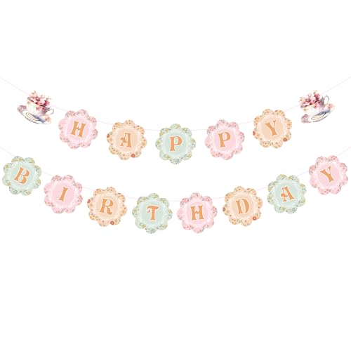 Floral Happy Birthday Banner, Flower Spring Birthday Party Decorations Banner for Tea Party Girls Women Spring Garden Wildflower Baby Shower Decorations