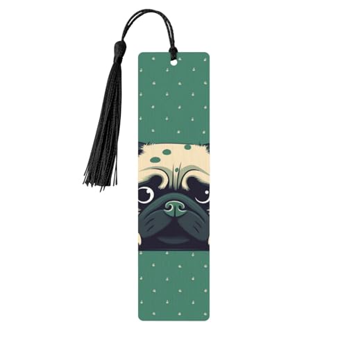しおり 木製 しおり 穴とタッセル付き 木製タグ パグ グリーン 水玉 木製 クラフト しおり ヴィンテージ しおり オーナメント 木製ブックマーク 女性用 男性 本好きの方 ギフト ブラック