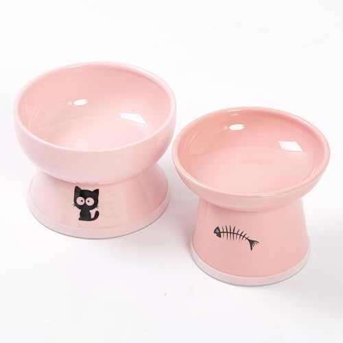 YY FOREYY Juego de Cuencos elevados de Comida y Agua para Gatos, comederos elevados de cerámica para Gatos con Banda Antideslizante, Plato de Porcelana para Mascotas con Soporte (Rosa)