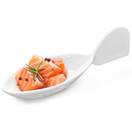 5Pcs Caviar Spoons,Porcelain Tasting Spoons&Sauce Dishes,Fish Shaped Caviar Sample Spoons,Appetizer Plates,5.9 x 2 x 1.6inch,Dishwasher Safety,for Restaurant,Birthday Wedding Party