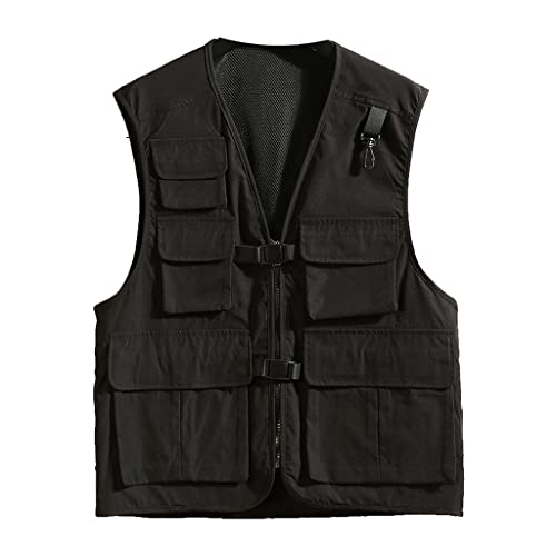 HSAN Men's Mesh Fishing Vest Multi-Pockets Sleeveless Jacket Outdoor Work Lightweight Travel Zipper Sleeveless Vest Coat (Color : Black, Size : XXL)