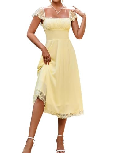 Image of EYNMIN Lace Strap Chiffon Dresses for Women Casaul Flowy A Line Midi Tea Party Dress