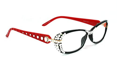 Glamour Quilted, Bling Women Reading Glasses Adorned with Genuine European Crystals +1.25 +1.50 +1.75 +2.00 +2.25 +2.50 +2.75 +3.00 Black and Red. NY Fifth Avenue.
