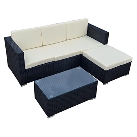 Black 4 Seater Rattan Garden Furniture Set with Glass Top Table Beige Cushions Cover
