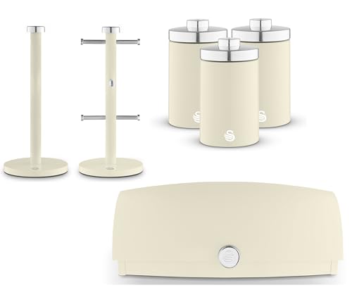 Swan Townhouse Cream Kitchen Storage Set: Bread Bin, Tea, Coffee, Sugar Canisters, Mug Tree & Towel Pole - 6 Piece Contemporary Collection