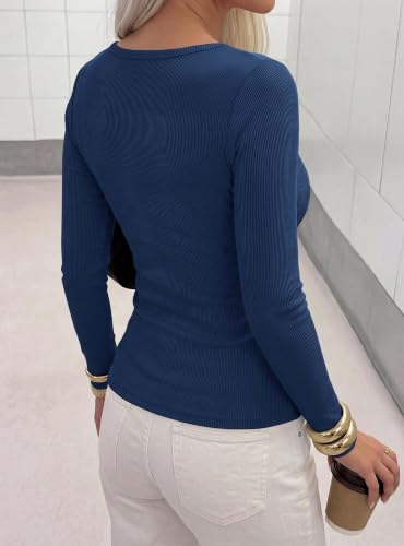 BTFBM Henley Shirts for Women, Button V Neck Long Sleeve Tops, Ribbed Slim Going Out Outfits, Casual Fall Clothes 2026(Navy Blue, X-Large) — view 3