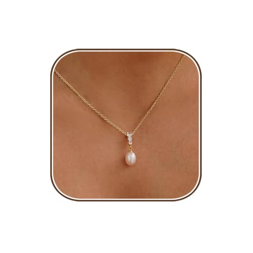 Dainty Pearl Necklace for Women Trendy,Pearl Pendant Necklaces 14K Gold Plated Wedding Necklaces for Women Waterproof Non Tarnish Gold Necklace Wedding Bridal Jewelry Cute Gifts
