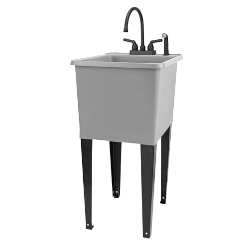 Image of Grey Space Saver Utility Sink by JS Jackson Supplies, Freestanding Tehila Space Saving Laundry Tub, Black Gooseneck Faucet with Side Sprayer