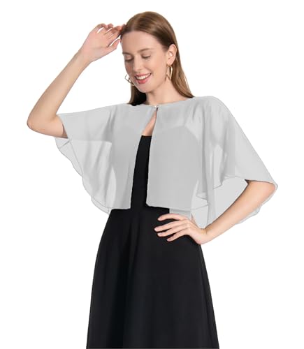 Pukguro Cape pour femme en mousseline de soie douce, châle pour soirée, mariage, boléro, Gris argenté, taille unique
