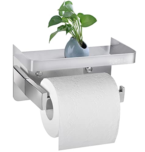 Porte Papier Toilette Auto-adhésif, LYLIN Derouleur Papier Toilette Mural avec étagère en Acier Inoxydable, Support Papier Toilettes sans Percage pour Salle de Bain Et Cuisine (Argent) Cover