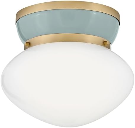 Lark Lucy Small Flush Mount Ceiling Light - Classic Schoolhouse Style, 1-Light, Cased Opal Glass Shade - Seafoam with Lacquered Brass Accents