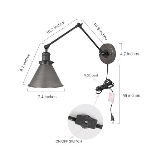 Image of Wall Sconces Lighting 2 Pack, Modern Swing Arm Plug-in or Hardwired Adjustable Wall Lamp with Brushed Black Silver Finish for Bedroom, Kitchen, and Living Room
