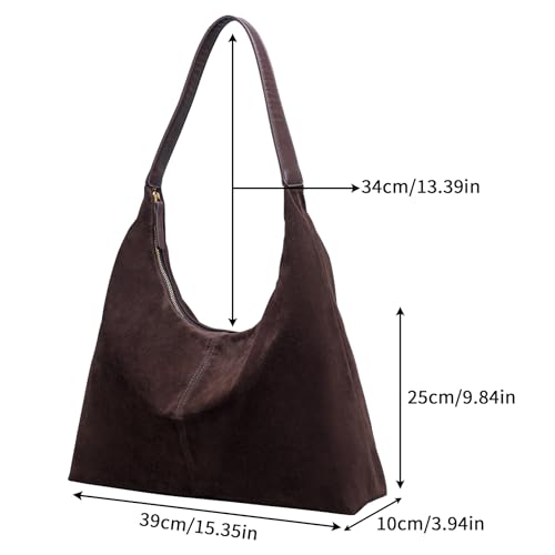 Image of Larcenciel Brown Suede Leather Hobo Shoulder Bag, Trendy Slouchy Tote Handbag Crescent Purse for Women Everyday Work Casual