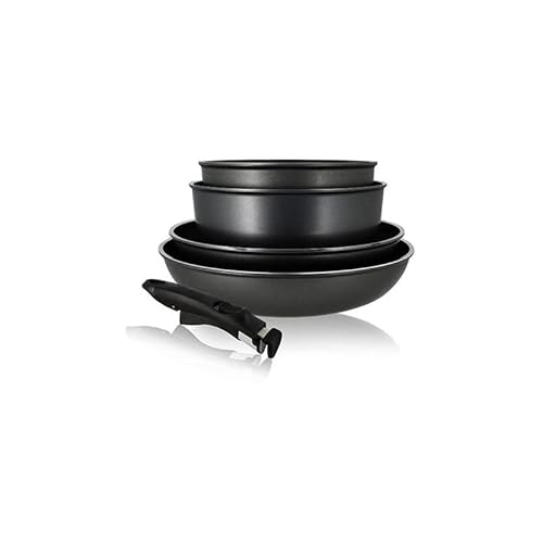 MENASTYL - set de 5 pièces - 2 poêles 24/28 cm + 2 casseroles 18/20 cm + 1 poignée amovible - 6020285 - Tous feux dont induction - Fabriqué en France - Revêtement antiadhésif - Noir Cover