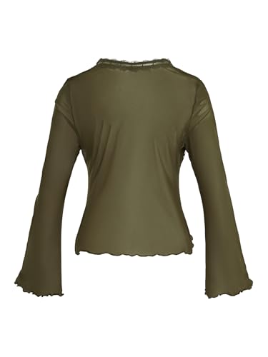 Image of Verdusa Women's Sheer Shrug Crop Top Long Sleeve Tie Front Lettuce Trim Mesh Open Cardigan Top Mesh Army Green X-Large