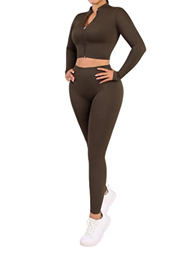 FeelinGirl Women's Sportswear Sets 2 Piece Long Sleeve Workout Gym Outfits Seamless Activewear Yoga Crop Top and Leggings Set with Two-way Zipper Brown L