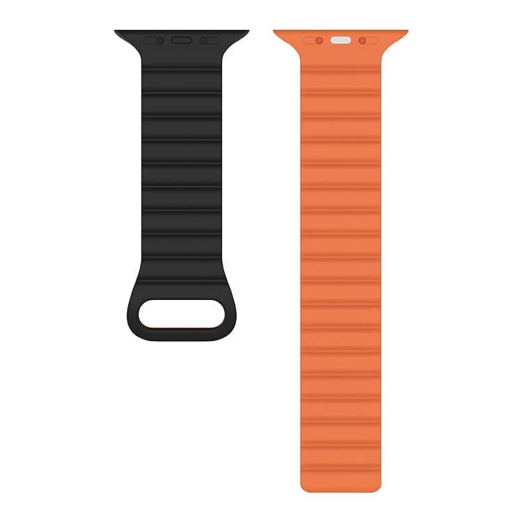 Image of Silicone Magnetic Band Compatible with Apple Watch 38mm 40mm 41mm 42mm 44mm 45mm 49mm, for Series Ultra 9 8 7 SE 6 5 4 3 2 1 Women Men |Watch Not Included (Black /Orange, 42mm /44mm /45mm /49mm)