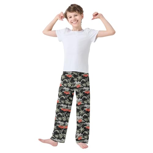 Aloha Hibiscus Palm Tree Boys Long Pants Soft Trousers Elastic Waist Kids Lounge Bottoms with Pockets S-XL2