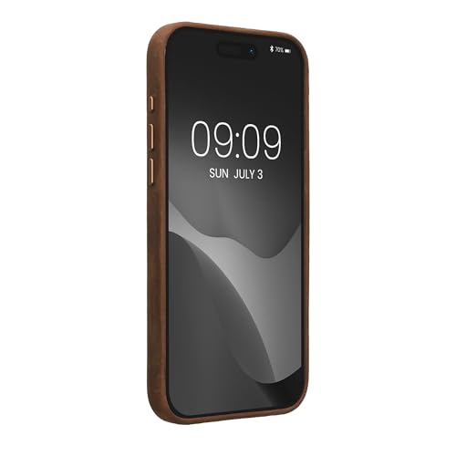 Image of kalibri Case Compatible with Apple iPhone 15 Pro Max - Case Smooth Genuine Leather Hard Case Anti Slip Cover - Brown