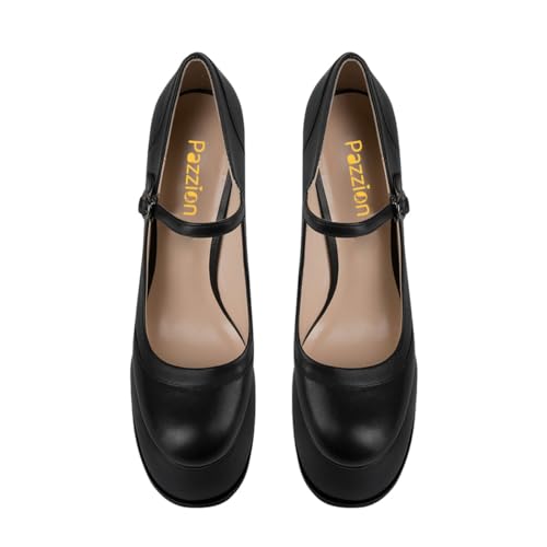 Pazzion Women Fashion Chunky Platform Round Toe Pumps Ankle Strap Buckled Thick High Heels Casual Walking Cute Mary Jane Shoes Size 4-16 US4