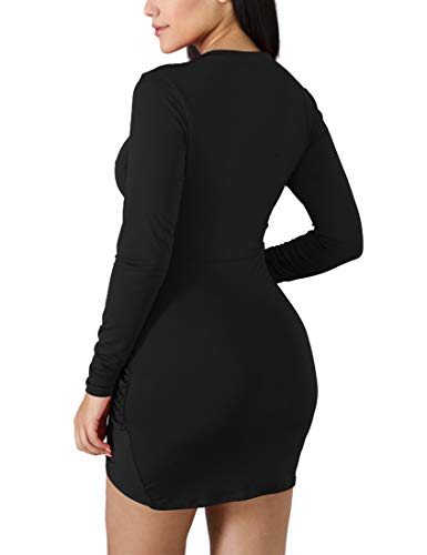 Boriflors Women's Sexy Wrap Front Long Sleeve Ruched Bodycon Mini Club Dress,X-Large,Black #TOP4
