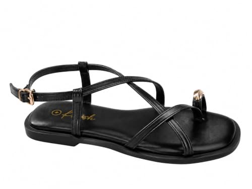 Image of Krush Womens Cross Strap Sandals Comfort Flat Summer Shoes Adjustable Buckle Square Toe Sandals Black & Beige (Black, UK Footwear Size System, Adult, Women, Numeric, Medium, 5)