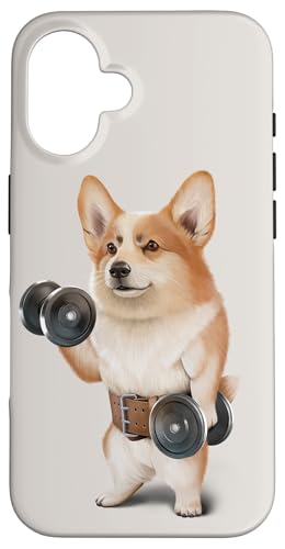 ウェルシュコーギー 犬 筋トレ ダンベル付き フィットネスジム スマホケース iPhone 16 用