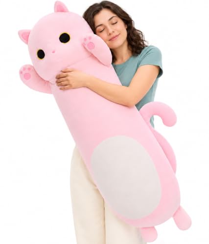 Image of MaoGoLan Long Cat Body Pillow for Kids, 44'' Big Kitten Plush, Pink