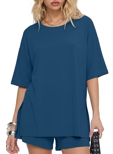 Image of Darong Women's 2 Piece Shorts Set Loungewear | oversized tshirts,crew neck top,drawstring shorts,elastic waist, side pockets,summer travel outfits