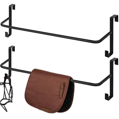 Zwinz 2Pcs Heavy Duty Horse Blanket Rack with Bridle Hooks, No-Drill Wall Mounted Assembled Blanket Bar, Saddle Pad Rack for Horse Tack Storage, Black