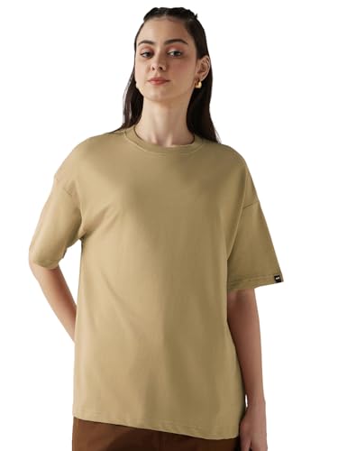 Image of Bewakoof Women's Terry Cotton Solid Oversized Fit Half Sleeve Round Neck T-Shirt | Bewakoof Heavy Duty 1.0 | Casual wear | Streetwear | Oversized Tshirt for Woman Cotton| Baggy