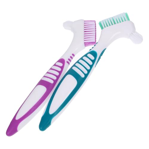 CIYODO 2 Cepillos para Dentaduras Postizas de Doble Cara Cepillo de Limpieza Mango Grande Antideslizante Pequeño y Portátil para Cuidado E Higiene Bucal Color Verde y Morado Uso