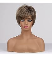 EMMOR Short Blonde Brown Wigs for Women Memory Fiber Simulated Human Hair Pixie Curly Wig With Ba...