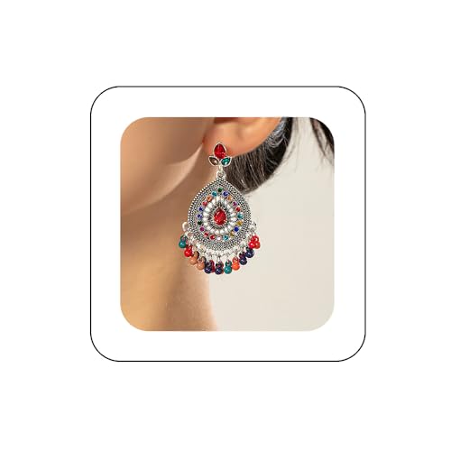 Kenjudess Boho Indian Bell Dangle Drop Studs Earrings for Women Vintage Ethnic Chandelier Teardrop Hollow Earrings Traditional Earring Jewelry Statement (Color F)
