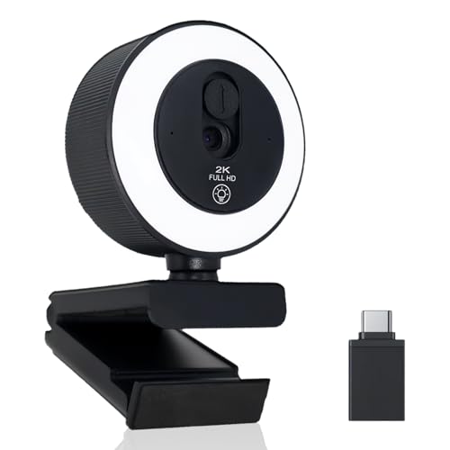 Briocht 2K HD Webcam for PC and Laptop, 360° Adjustable Web Cam with Auto Focus, Noise Cancelling Microphone, 3-Color Touch Lighting for Video Calls, Live Streaming and Remote Work