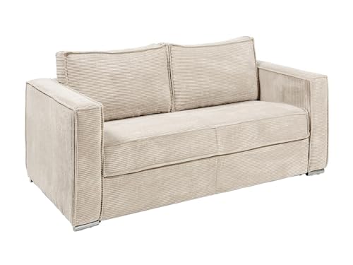 Vente-unique - Canapé 3 Places Convertible Express en Velours côtelé Beige - Couchage 140 cm - Matelas 14 cm Loreto