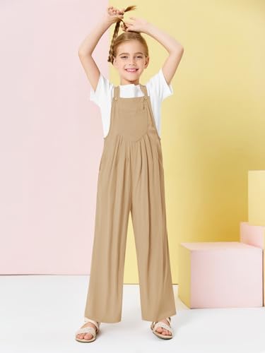 Image of Haloumoning Girls Overalls Kids Casual Sleeveless Wide Leg Jumpsuit Loose Rompers with Pockets 5-14 Years